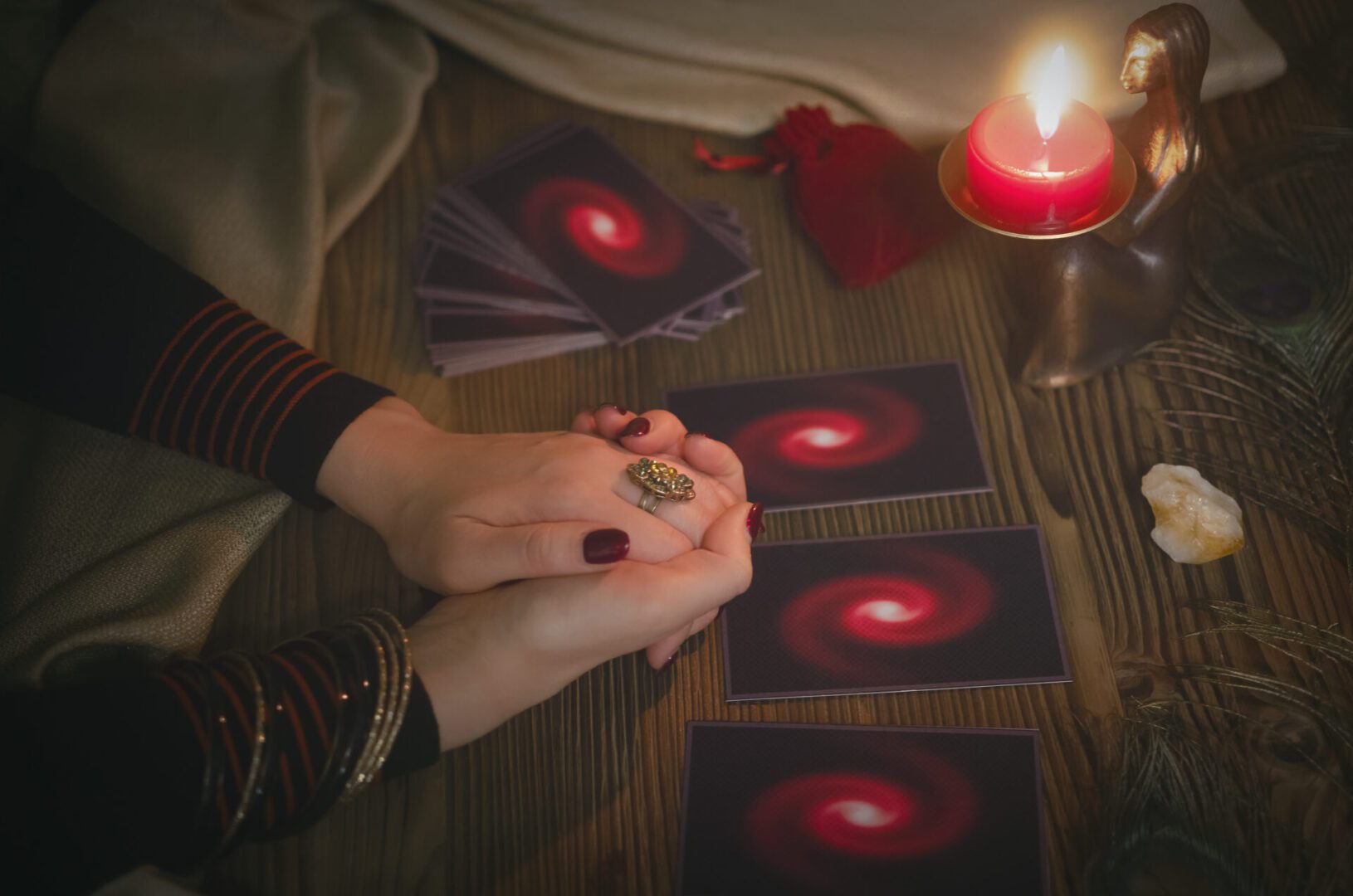 Tarot cards on fortune teller desk table background. Futune reading concept. Divination.