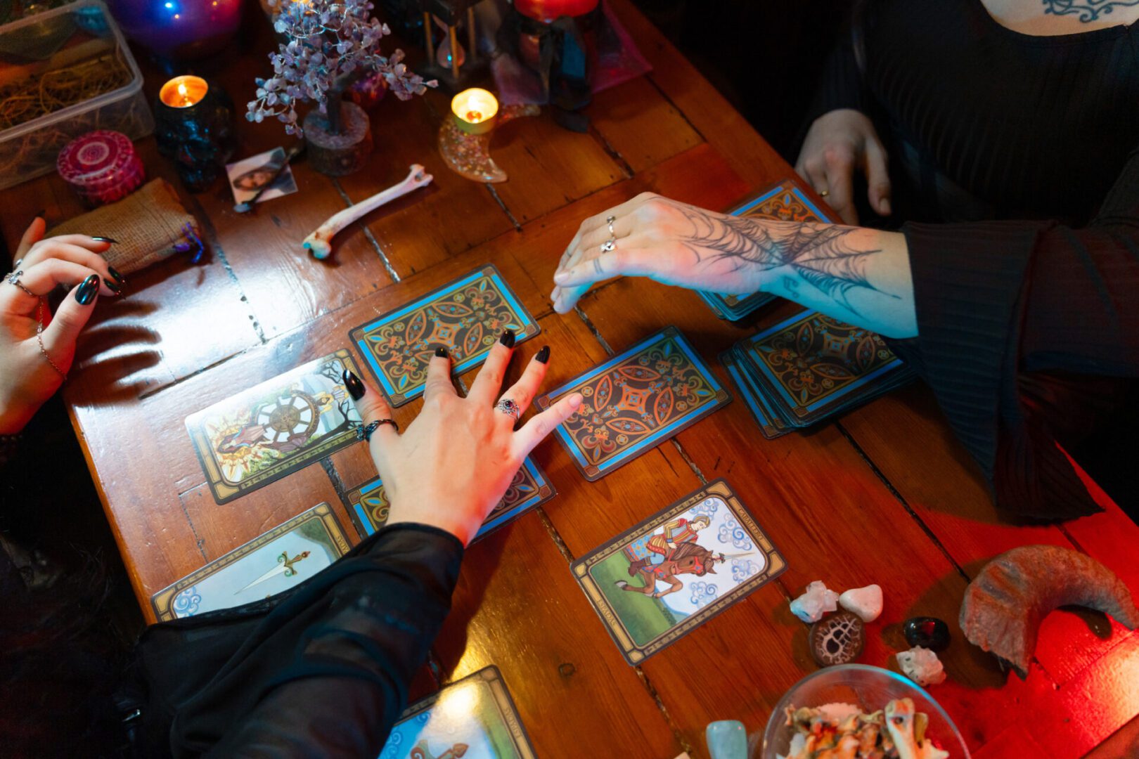 Tarot card reading on wooden table
